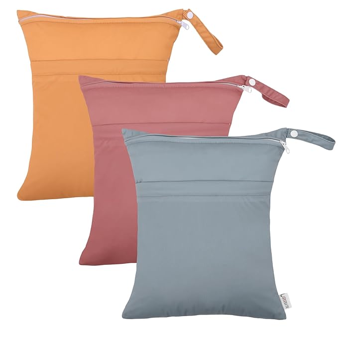 ALVABABY 3pcs Cloth Diaper Wet Dry Bags Waterproof Reusable with Two Zippered Pockets Travel Beach Pool Daycare Soiled Baby Items Yoga Gym Bag for Swimsuits or Wet Clothes 3L-ZM11