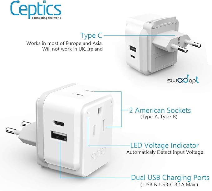 Ceptics International Power Plug Adapter Travel Set, 20W PD & QC, Safe Dual USB & USB-C 3.1A - 2 USA Outlet - Compact - Use Europe, Asia, Africa In Worldwide - Includes 13 Type SWadAPt Attachments
