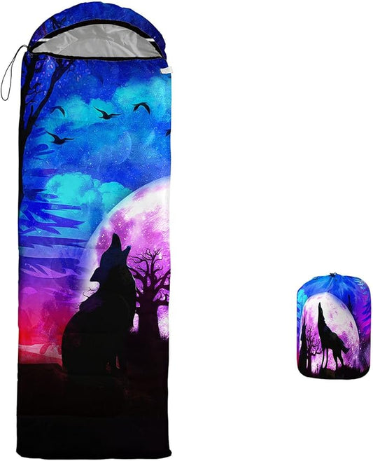 Galaxy Wolf Camping Sleeping Bags Warm & Cool Weather Waterproof Backpacking Blue Purple Starry Sky Sleeping Bag All Seasons Camping, for Adult Kids Boy Girls Camping Gear Equipment, Traveling