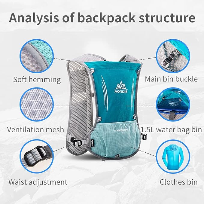 AONIJIE 5L Running Hydration Vest Pack with 9 Safety Pockets Adjustable & Lightweight Hydration Backpack for Marathon Race Hiking Cycling