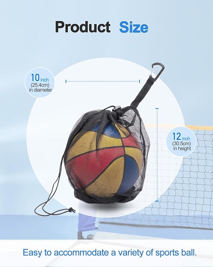 2Pcs Single Mesh Ball Bag for Basketball Soccer & Volleyball, Lightweight Net Storage with Zipper Pocket for Sports, Portable Drawstring Bags with Hanging Clip for Men, Women & Athletes, Black