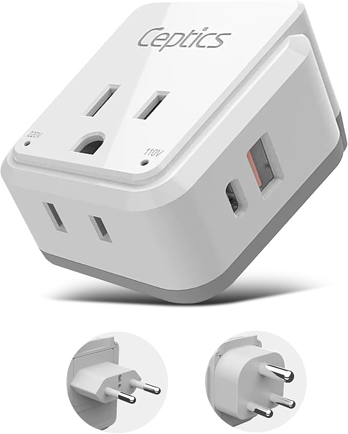 Ceptics India, Maldives Power Plug Adapter Travel Set, 20W PD & QC, Safe Dual USB & USB-C 3.1A - 2 USA Outlet - Compact - Use In Pakistan, Nepal, Bangladesh Includes Type D, Type C SWadAPt Attachments