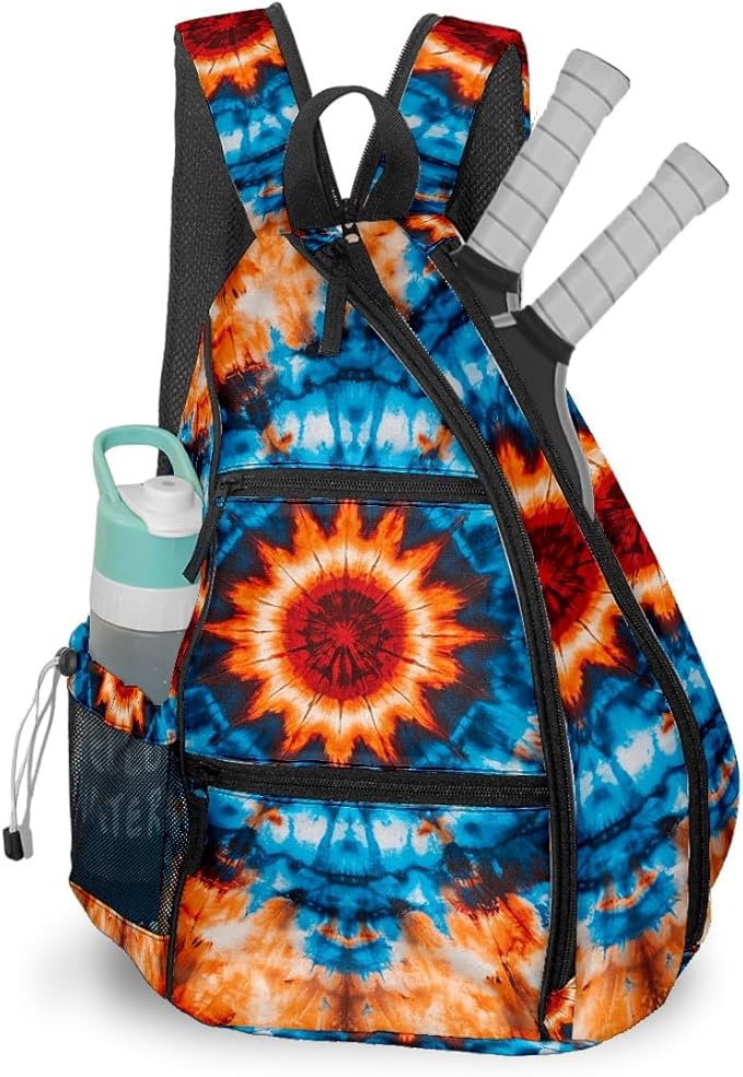 Pickleball Bag Blue Orange Tie Dye Pickle Ball Backpack for Women Men Premium Lightweight Crossbody Sling Bag Sports Backpack for Pickleball Paddle Tennis