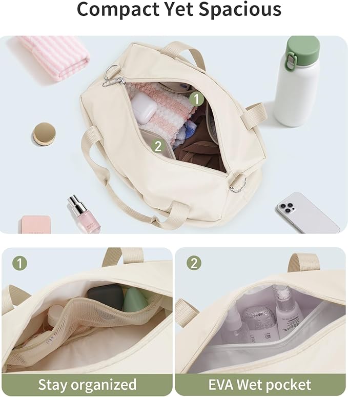 Ceneda Small Gym Bag for Women, 12 inch Mini Gym Bag with Wet Pocket, Lightweight Tote for Gym, Sport, Workout - White