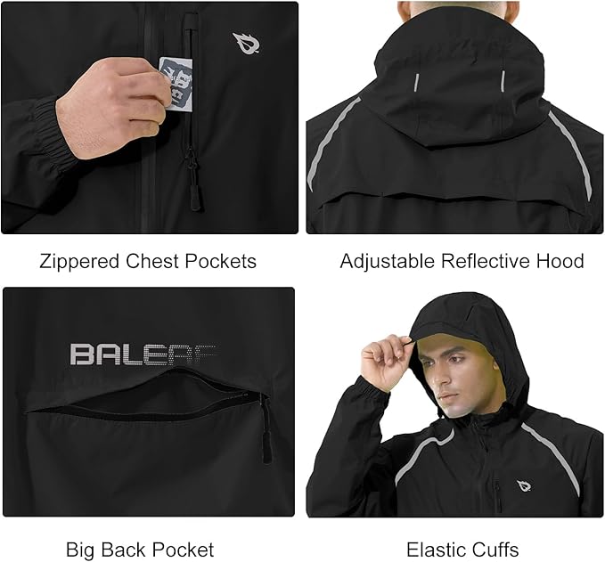 baleaf Men's Rain Jacket Waterproof Windbreaker Raincoat Running Cycling Hiking Gear Hood Lightweight Reflective Packable