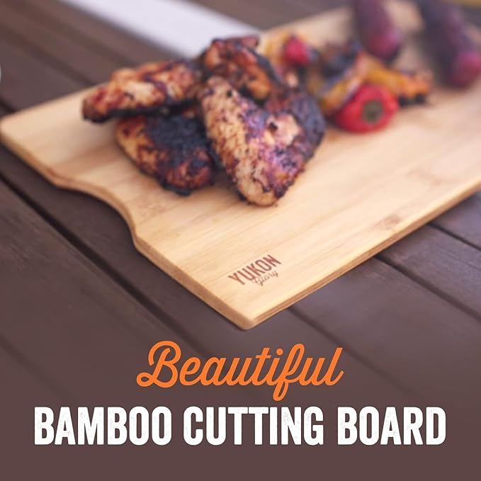 Yukon Glory™ BBQ 'N SERVE Premium Set, Includes 3 Grill Baskets, Serving Tray, Bamboo Cutting Board, Plastic Lid and Clip-on Handle