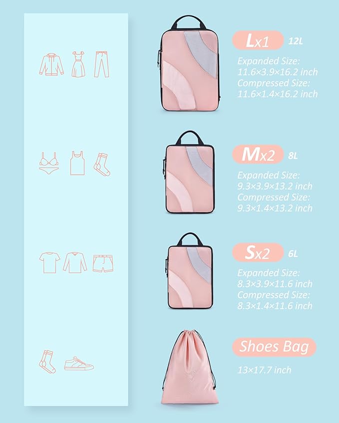 BAGSMART Compression Packing Cubes, 6 Set/4 Set/2 Set Travel Packing Cubes for Carry on Suitcases, Compression Suitcase Organizers Bag Set & Travel Cubes for Luggage, Lightweight Packing Organizers