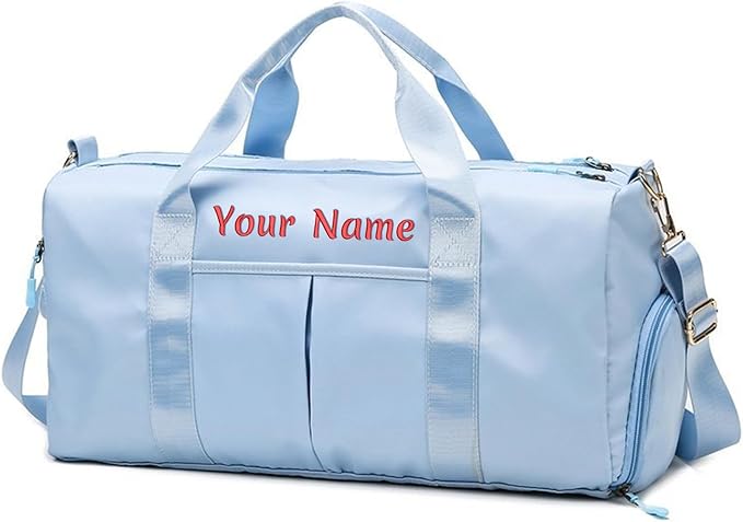Personalized Duffel Bag, Custom Name Embroidered Gym Bag, Sports Bag with Wet and Dry Pocket & Shoe Compartment, Overnight Excursion Bag, Weekend Travel Bag, Dance & Yoga Bag (Baby Blue)