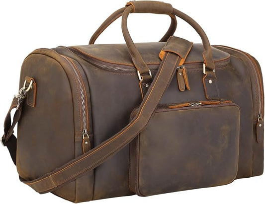 TIDING Full Grain Leather Travel Duffel Bag for Men, 23 Inch Vintage Weekender Overnight Gym Duffle Bag 52L Luggage Bag