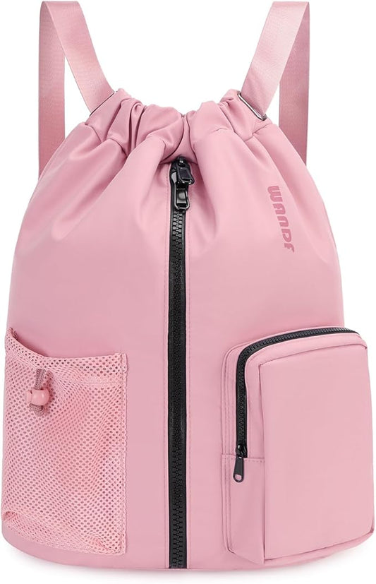 WANDF Drawstring Backpack Sports Gym Bag with Shoes Compartment, Water-Resistant String Beach Sackpack Swim Bag for Women and Men (Pink) | Water-Resistant, Swim Bag