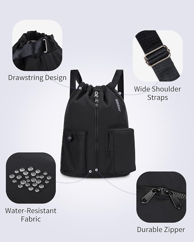 WANDF Drawstring Backpack Sports Gym Bag with Shoes Compartment, Water-Resistant String Beach Sackpack Swim Bag for Women and Men (Black)