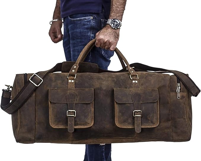 KomalC 28 inch Duffel Bag Travel Sports Overnight Weekend Leather Duffle Bag for Gym Sports Cabin Holdall bag (Distressed Brown)