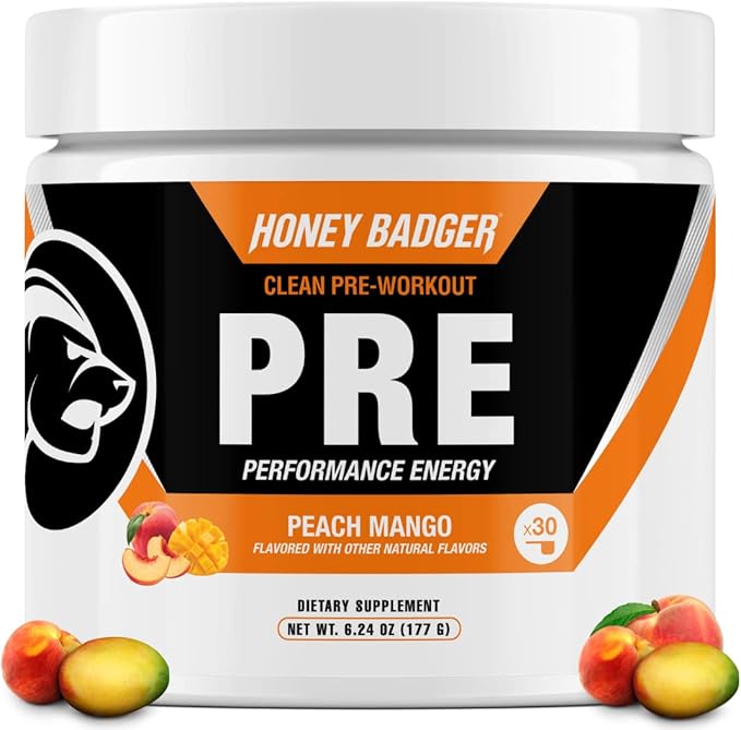 Honey Badger Pre Workout Powder, Keto Vegan Preworkout for Men & Women, Beta Alanine & Caffeine, Sugar Free Natural Energy Supplement, Peach Mango, 30 Servings