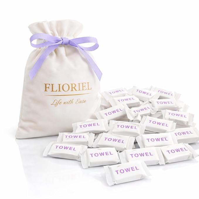 Compressed Face Towels 40 Pack with Flannel Carry Bag, Portable Disposable Washcloth Tablets, Thick & Soft Facial Towelettes for Travel Camping, Hiking, Gym, Makeup & Everyday Use