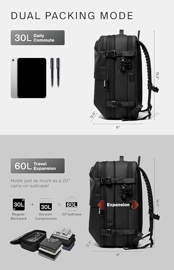 BlackVoyage Vortex Vacuum Seal Travel Backpack 60L Expandable Air Compression System Water Resistant TSA Lock Carry-On Suitcase Luggage Black AERO - Vacuum Pump Included