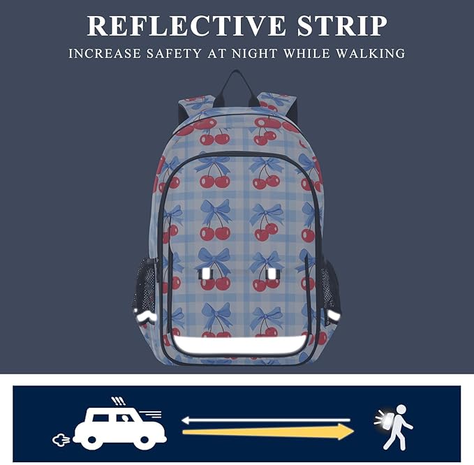 Cherry Blue Bow Buffalo Plaid Laptop Backpack Purse for Women Men School Bag 17 Inch Bookbag Student Boys Girls Travel Casual Daypack