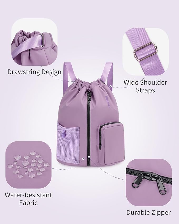 WANDF Drawstring Backpack Sports Gym Bag with Shoes Compartment, Water-Resistant String Beach Sackpack Swim Bag for Women and Men (Lilac Purple) | Water-Resistant, Swim Bag