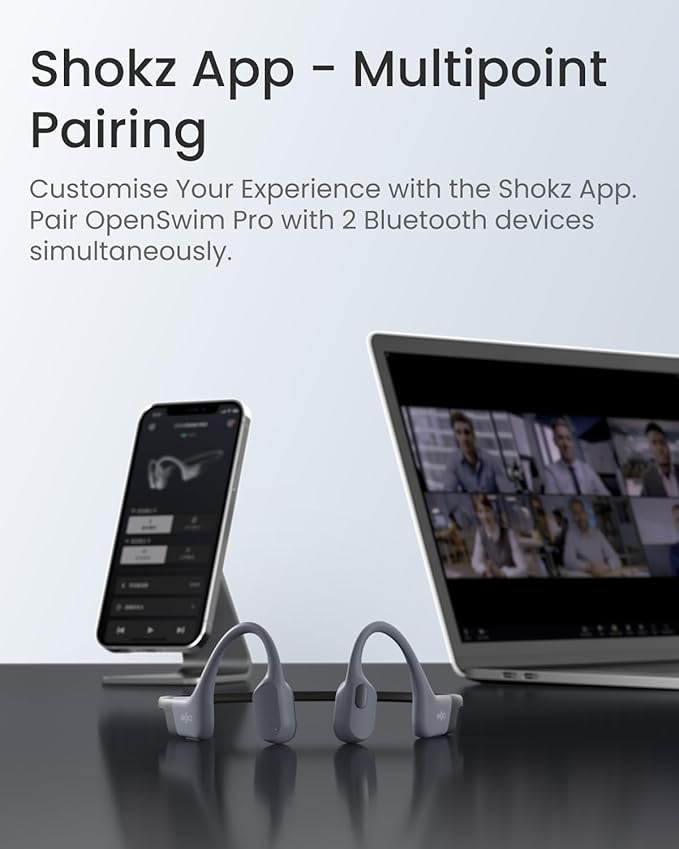 SHOKZ OpenSwim Pro - Open-Ear Bluetooth & MP3 Bone Conduction Sport Headphones, Swimming Headphones, IP68 Waterproof, Grey