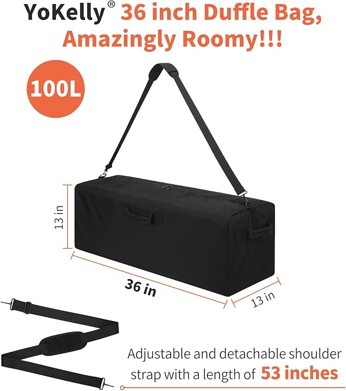 YoKelly 100L Large Duffle Bag - 36 inch Heavy Duty Luggage Bag for Travel/Camping - Black
