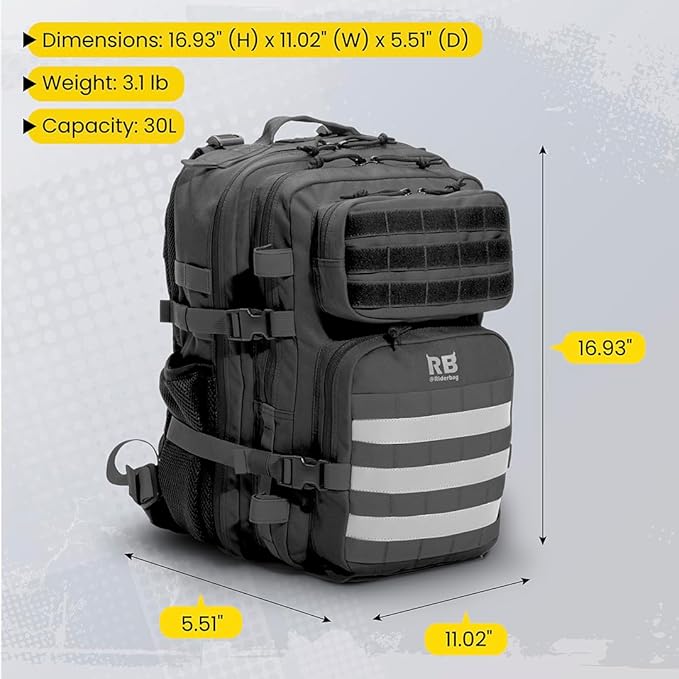 Xtreme 30L Tactical Backpack - Carry-On Travel and Gym Daypack with 16-inch Laptop Sleeve, Stick Holder, Double Bottle Pockets, Recycled-Fabric Shell, Reliable Zippers, Rain Cover (Black)