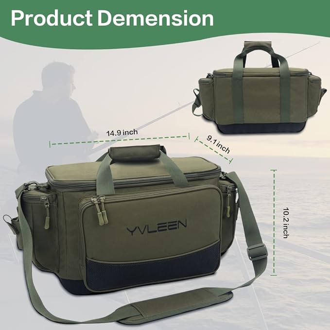 YVLEEN Fishing Tackle Box Bag - Outdoor Large Fishing Tackle Storage Bag - 100% Water-Resistant Polyester Material - Fishing Tackle Bags - Suitable for 3600 3700 Tackle Box (Army Green)