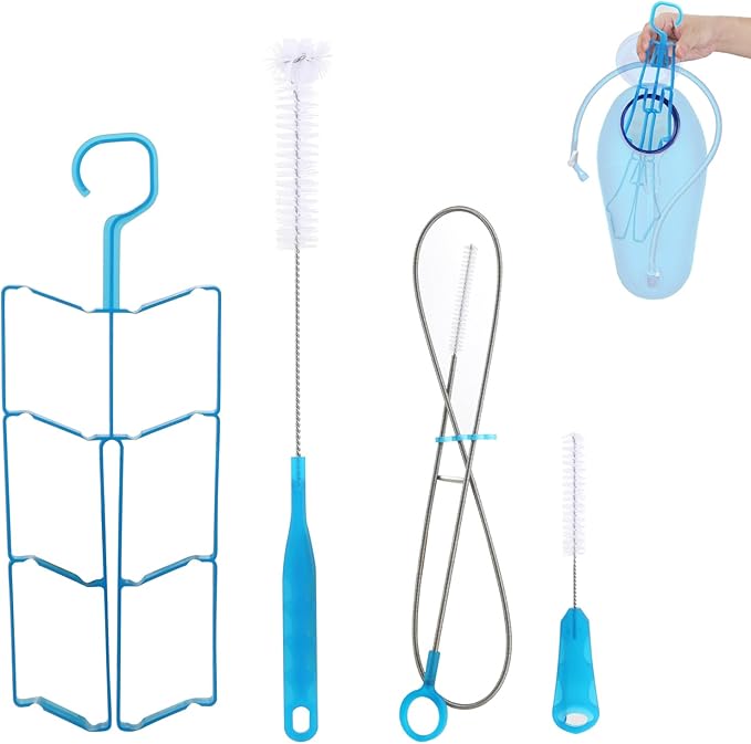 Hydration Bladder Cleaning Kit Compatible with Camelbak, 4 in 1 Water Bladder Cleaner Set, Flexible Long Brush for Hose and 2 Brushes, Drying Collapsible Frame, Water Reservoir Backpack Cleaning Kit