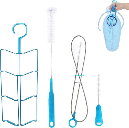Hydration Bladder Cleaning Kit Compatible with Camelbak, 4 in 1 Water Bladder Cleaner Set, Flexible Long Brush for Hose and 2 Brushes, Drying Collapsible Frame, Water Reservoir Backpack Cleaning Kit