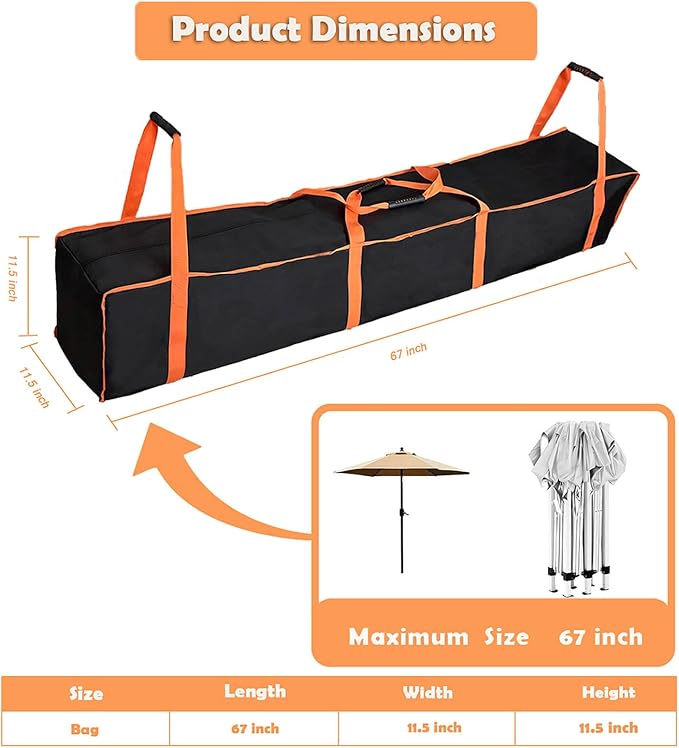 Large Tent Storage Bag 67X11.5X11.5in with Handles -10X10ft Pop Up Canopy Replacement Parts,Workable for Various Party Tent Canopy Tent Poles patio Umbrellas, Heavy-Duty Water Resistant Oxford Fabric