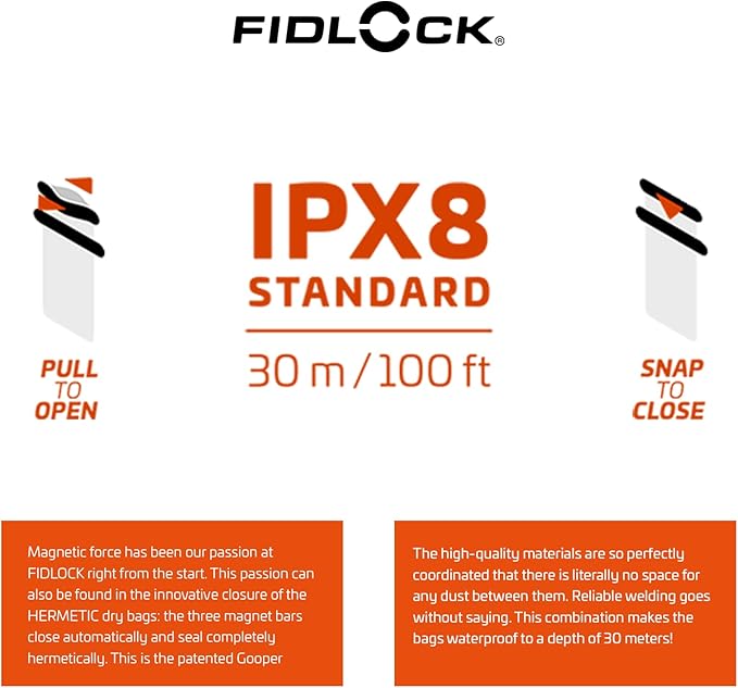FIDLOCK Hermetic Dry Bag Flexible Magnetic Self-Sealing Bag for Cellphone | 100% Water & Sand Proof | Practical Size with a Large Opening | Lanyard Included | Medi | Orange Transparent