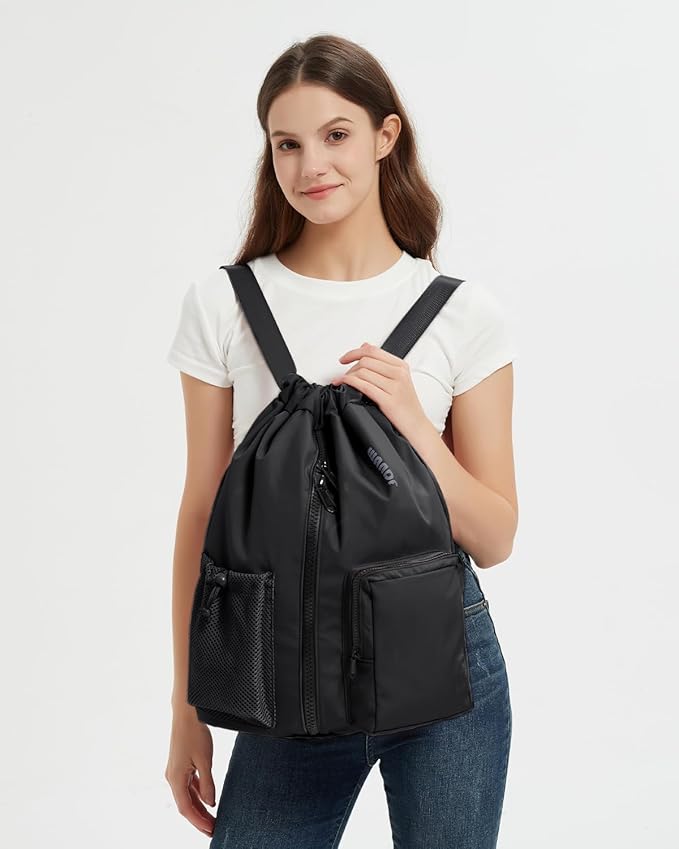 WANDF Drawstring Backpack Sports Gym Bag with Shoes Compartment, Water-Resistant String Beach Sackpack Swim Bag for Women and Men (Black)