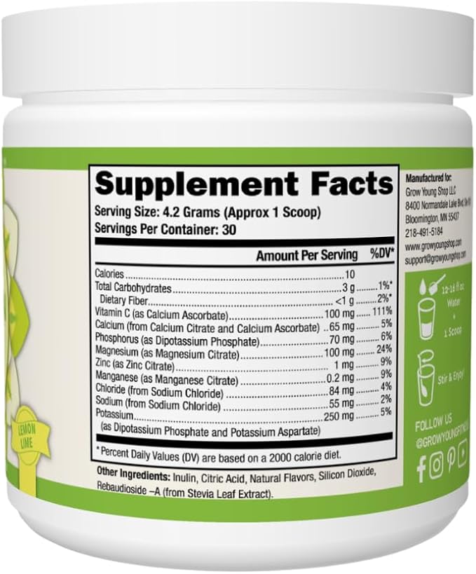 Grow Young Fitness Hydration Powder - Lemon Lime, Premium Electrolyte Mix for Proactive Hydration, Vitamins and Sugar Free (1 Pack, 30 Servings)