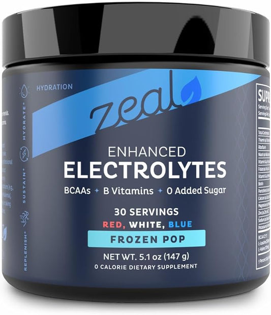 Zeal Electrolyte Powder - 30 Servings | Keto Electrolytes Powder | Zero Sugar, BCAAs, B-Vitamins | Potassium, Zinc, Magnesium | Hydration Powder Recovery Drink | Red White Blue Frozen Pop