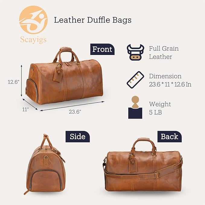 Leather Duffle Bags for Men with Shoe Compartment – 23.6" x 12.6" x 11" Travel Bag, Gym Bag, Also Suitable for Crossbody or Shoulder Carry, Light Brown Large Size