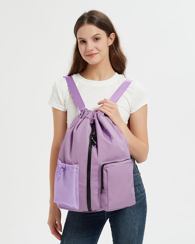 WANDF Drawstring Backpack Sports Gym Bag with Shoes Compartment, Water-Resistant String Beach Sackpack Swim Bag for Women and Men (Lilac Purple) | Water-Resistant, Swim Bag