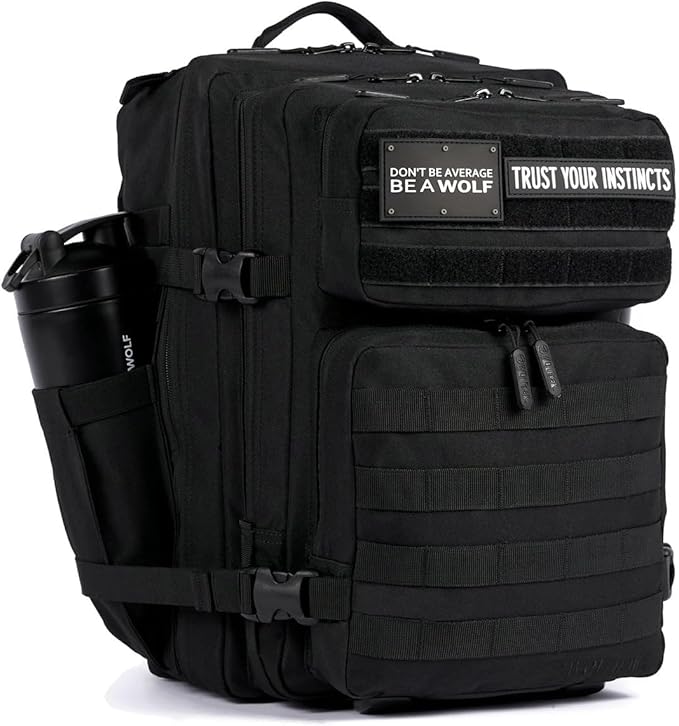 WOLFpak 35L Athletic Gym Backpack - Durable 1000D Waterproof Oxford Material with MOLLE Webbing, Laptop Pocket & Dual Cup Holders, Durable Fitness/Travel/Military Daypack (Alpha Black)