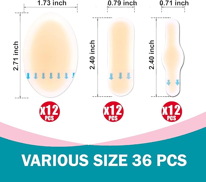 36PCS Hydrocolloid Blister Bandages – Blister Bandages for Feet, Blister Prevention & Recovery – Waterproof Blister Pads & Blister Cushions for Heel, Toe & Foot