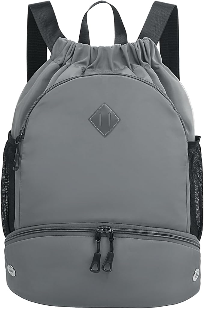 Drawstring Backpack Gym Backpack with Shoe Compartment for Men Women String Sports Bag with Wet Pocket Cinch Swim Beach Bag, Gray (Patent Pending)