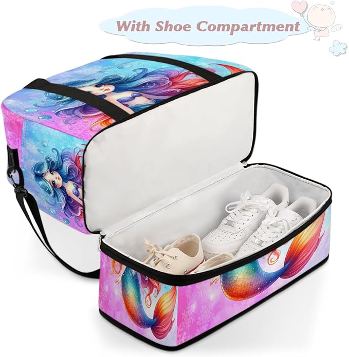 Cute Mermaid Girls Rainbow Travel Duffle Bags With Shoes Compartment for Women Men Weekender Overnight Bag Foldable Sports Tote Gym Carry On Luggage Handlebag for Travel Yoga Hospital Workout