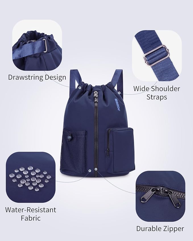 WANDF Drawstring Backpack Sports Gym Bag with Shoes Compartment, Water-Resistant String Beach Sackpack Swim Bag for Women and Men (Navy Blue)