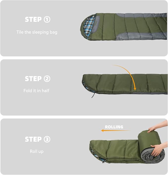 Cotton Flannel Lined Sleeping Bag for Adults Teens Kids, Cold Weather &Warm, 3 Seasons, Lightweight Compact Camping Essentials Equipment, Hiking, Outdoor, Travel