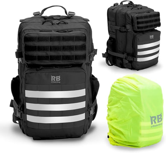 Xtreme 45L Tactical Backpack Large Travel and Gym Backpack with 16-inch Laptop Sleeve, Stick Holder, Double Bottle Pockets, Recycled-Fabric Shell, Reliable Zippers, Rain Cover (Black)