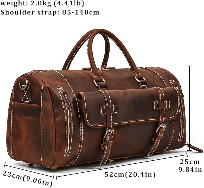 Leather Duffel Bags for Men and Women, 20 Inch Full Grain Leather Travel Overnight Weekend Bags, 9802 Brown
