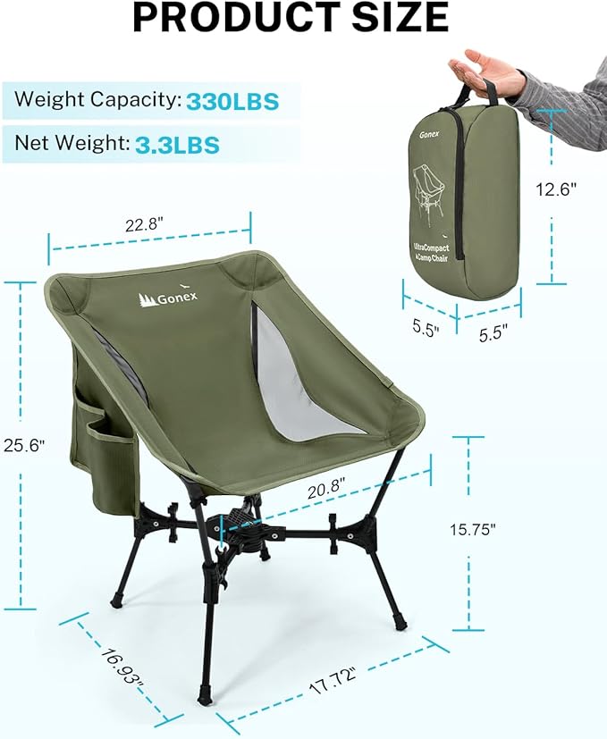 Gonex Portable Camping Chair, The 5th Gen Ultralight Compact Backpacking Foldable Lightweight Folding Chair for Outdoor Camp Hiking Beach Picnic Concert, Supports 330lbs (Army Green, 1 PCS)