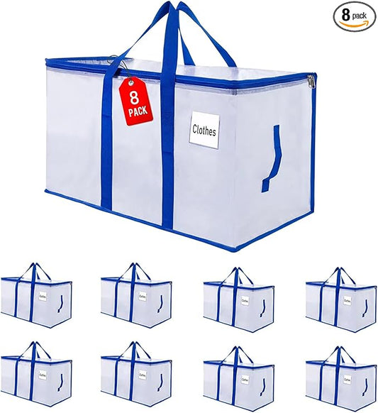 105L Moving Bags 8Pack Storage Bag Large Moving Boxes with Lids, Zippers Handles for Moving Totes Bins, College Dorm, Traveling, Camping, Christmas