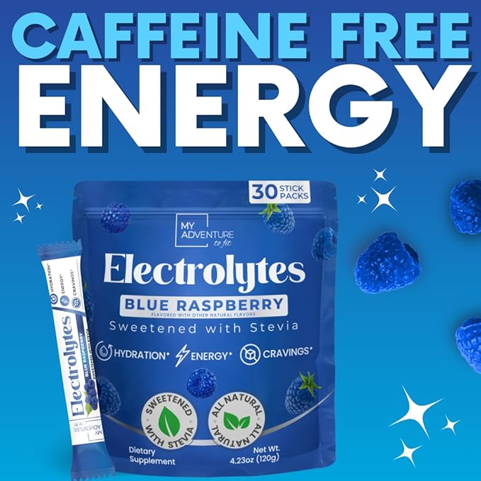 Zero Sugar Blue Raspberry Electrolytes Powder Packets (30 Pack) - All Natural Ingredients, Caffeine Free Energy for Refreshing Hydration - Vegan, Keto, Paleo - Sugar Free Electrolytes Powder No Sugar