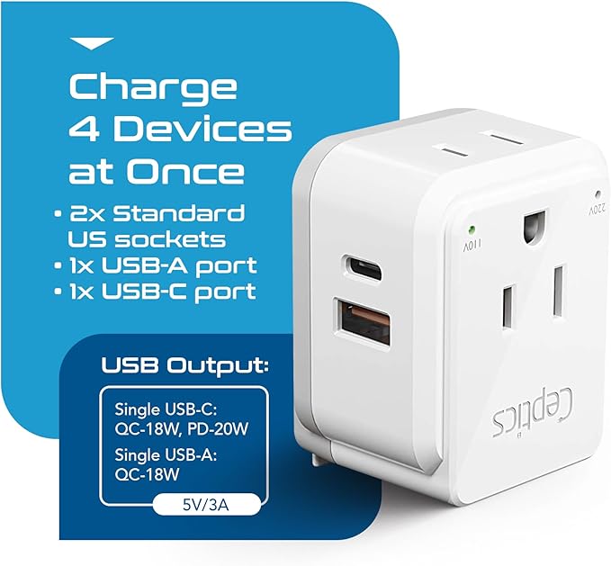 Ceptics Australian Travel Adapter Set, 20W PD & QC, Type I-3.1A - 4 in 1-2 USA Inputs, 1 USB Port, 1 USB-C Port - Australian New Zealand Fiji Argentina, Compact - Adapter Australia-Compatible Plug