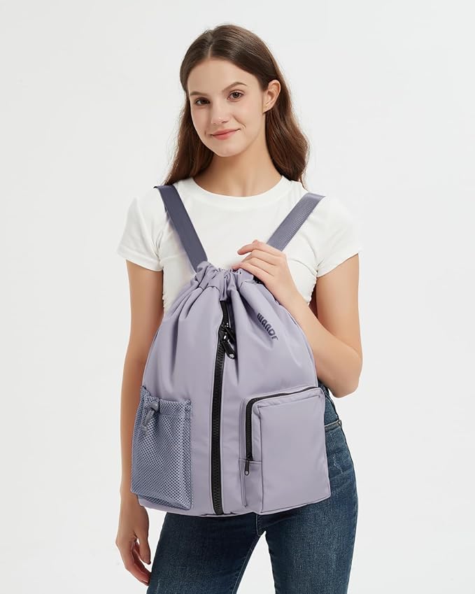 WANDF Drawstring Backpack Sports Gym Bag with Shoes Compartment, Water-Resistant String Beach Sackpack Swim Bag for Women and Men (Grey)