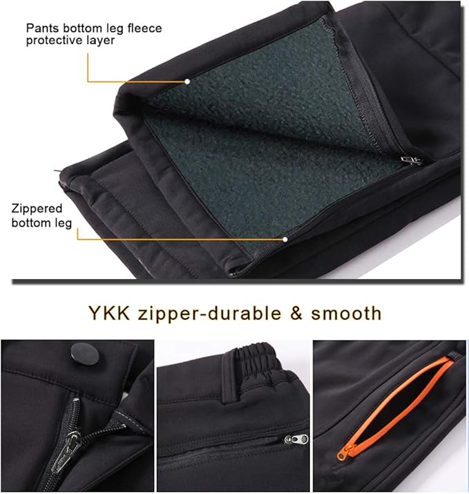 Gash Hao Mens Snow Ski Waterproof Softshell Snowboard Pants Outdoor Hiking Fleece Lined Zipper Bottom Leg