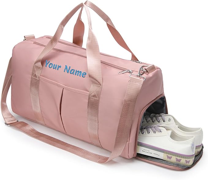 Personalized Duffel Bag, Custom Name Embroidered Gym Bag, Sports Bag with Wet and Dry Pocket & Shoe Compartment, Overnight Excursion Bag, Weekend Travel Bag, Dance & Yoga Bag (Pink)