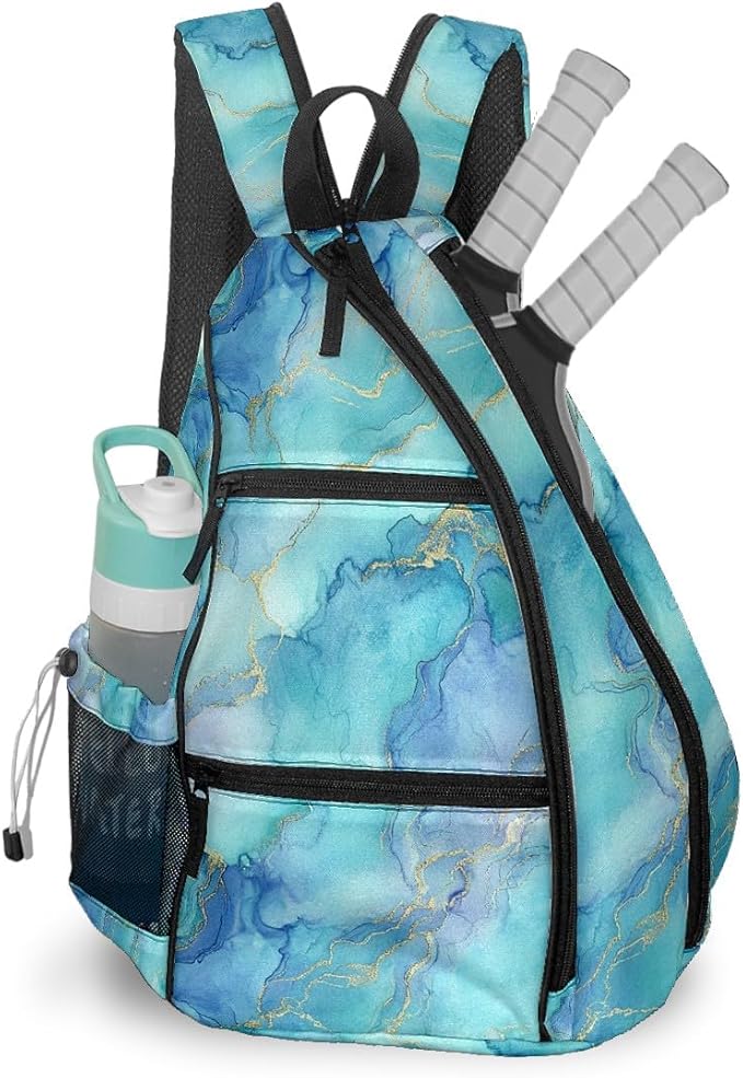 Pickleball Bag Marble Blue Pickle Ball Backpack for Women Men Premium Lightweight Crossbody Sling Bag Sports Backpack for Pickleball Paddle Tennis